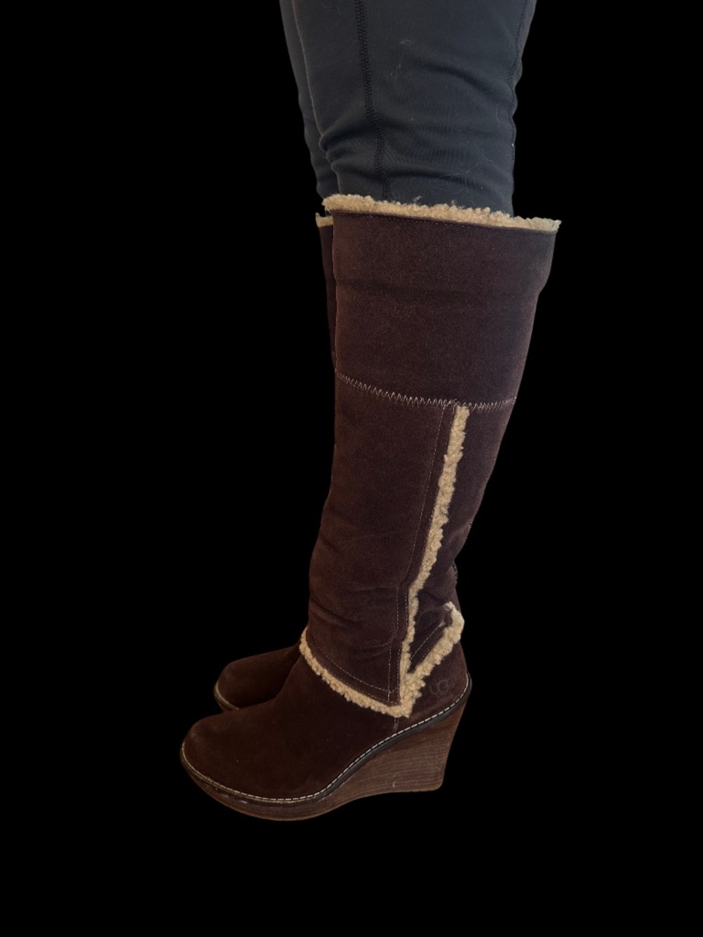UGG Aubrie Brown Suede & Shearling Wedge Boots | Size 7 | 2-Way Tall